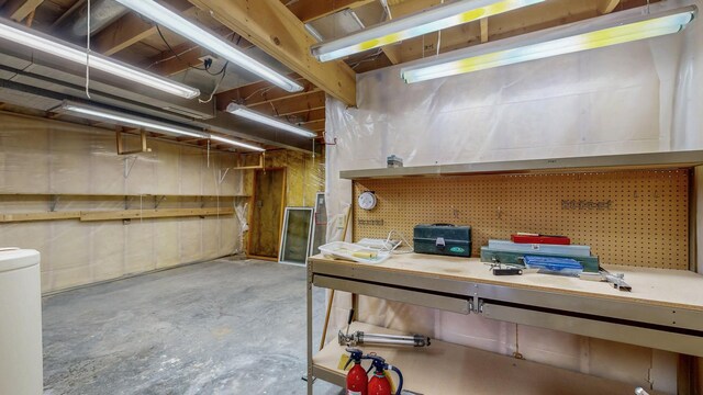 unfinished basement with a workshop area