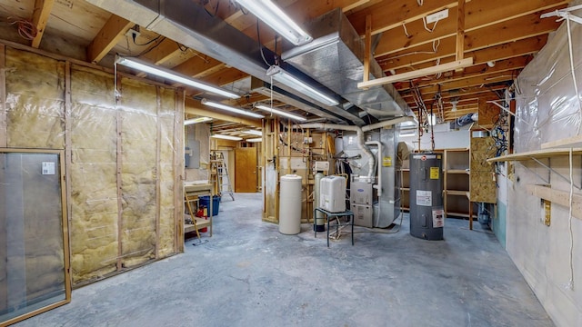 unfinished basement featuring water heater and heating unit