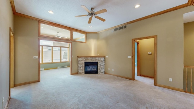 unfurnished living room with visible vents, a baseboard radiator, ceiling fan, and crown molding