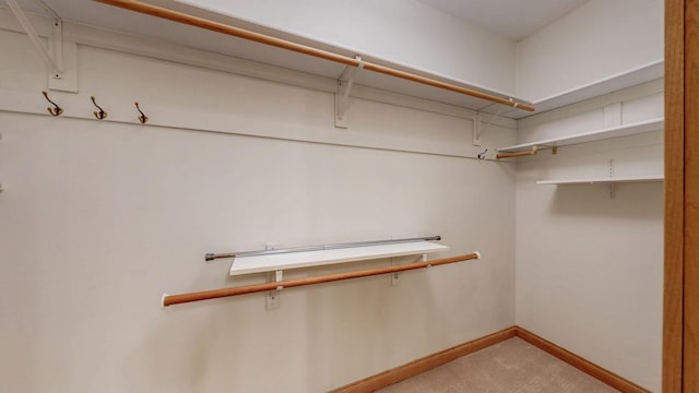 walk in closet with light colored carpet
