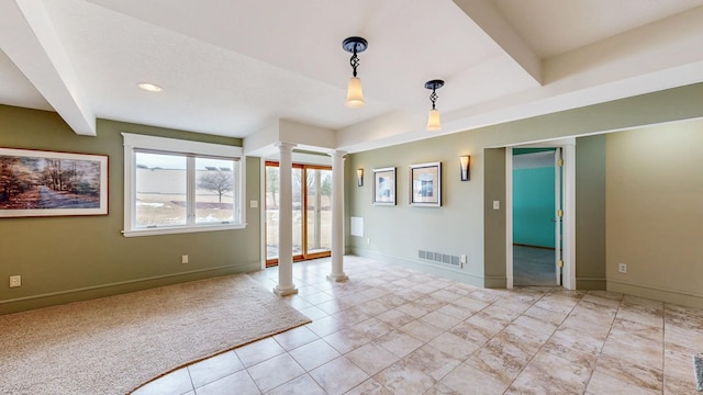 unfurnished room with baseboards, decorative columns, recessed lighting, and visible vents