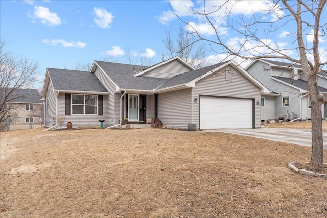 single story home with a garage, driveway, a front lawn, and roof with shingles