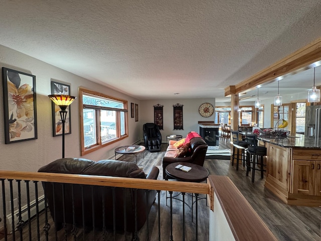 living room featuring dark wood-style floors, a textured ceiling, and a textured wall