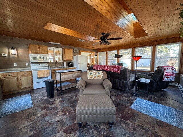 living room with a skylight, visible vents, a ceiling fan, wooden ceiling, and wood walls