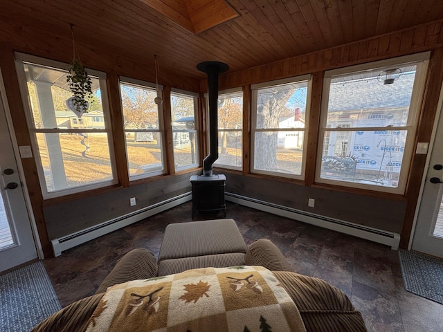 sunroom / solarium featuring wooden ceiling and baseboard heating