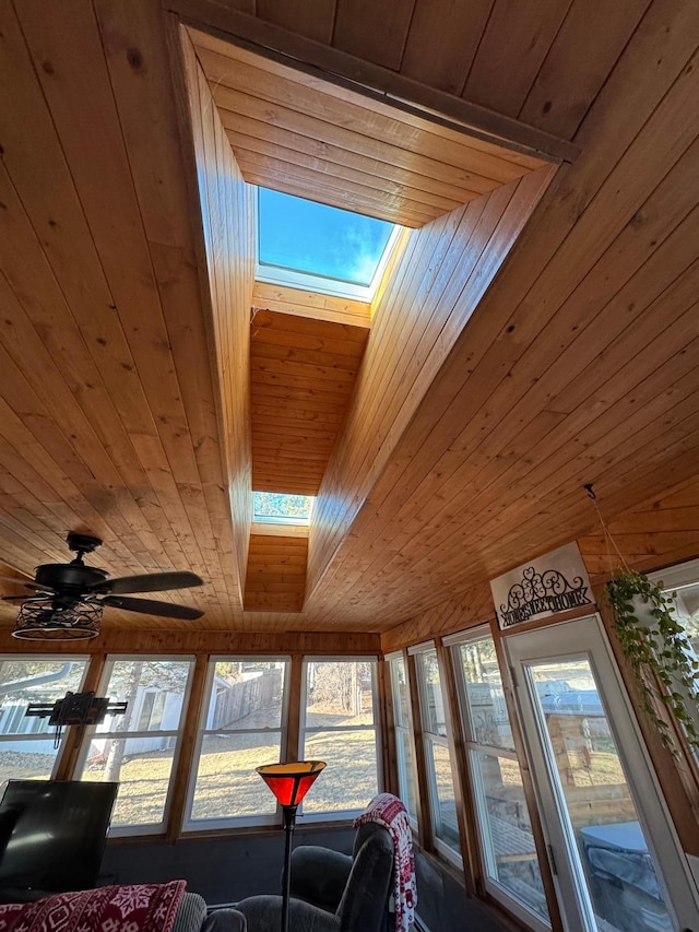 interior space featuring wooden ceiling, a skylight, and ceiling fan