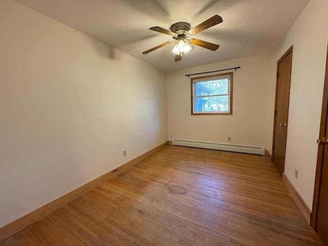 unfurnished bedroom featuring ceiling fan, hardwood / wood-style floors, a baseboard radiator, and baseboards