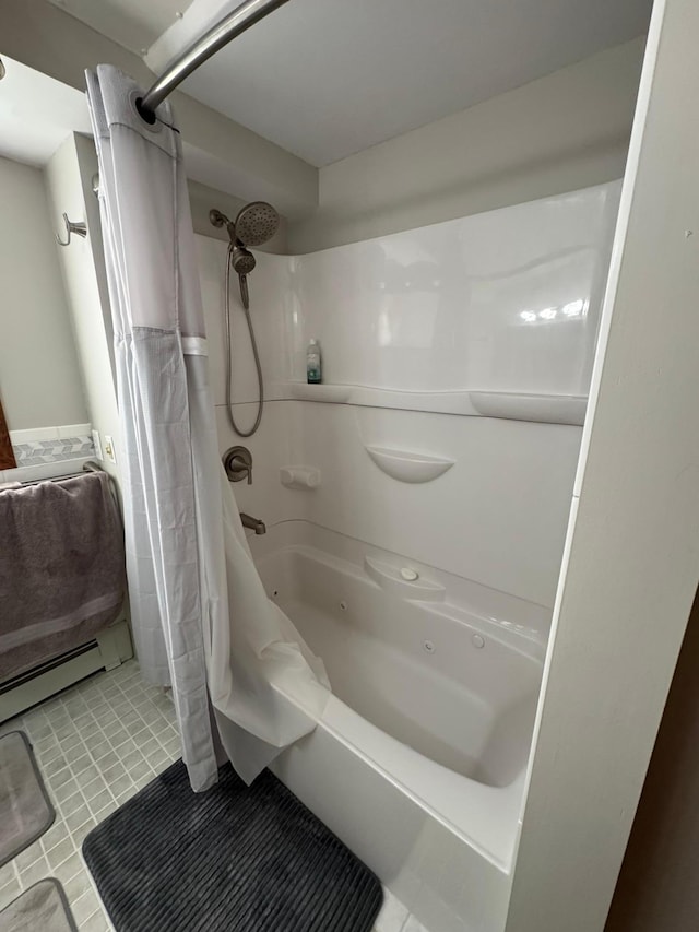 full bathroom with a baseboard radiator, tile patterned floors, and shower / bathtub combination with curtain