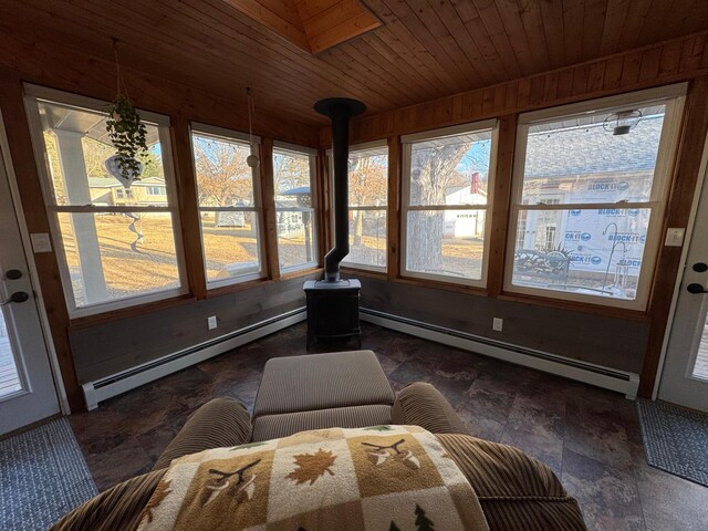 1903 Lenore Ln, Red Wing, MN 55066 - sunroom / solarium featuring a baseboard radiator, healthy amount of natural light, a wood stove, wooden ceiling, and wooden walls