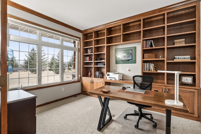 office space with carpet floors, crown molding, and baseboards