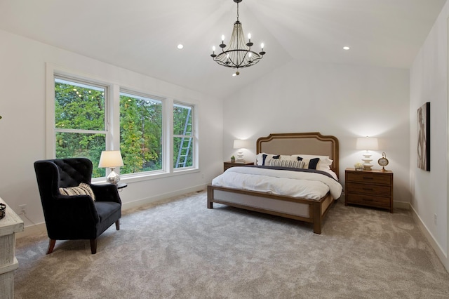 carpeted bedroom featuring a chandelier, lofted ceiling, baseboards, and recessed lighting