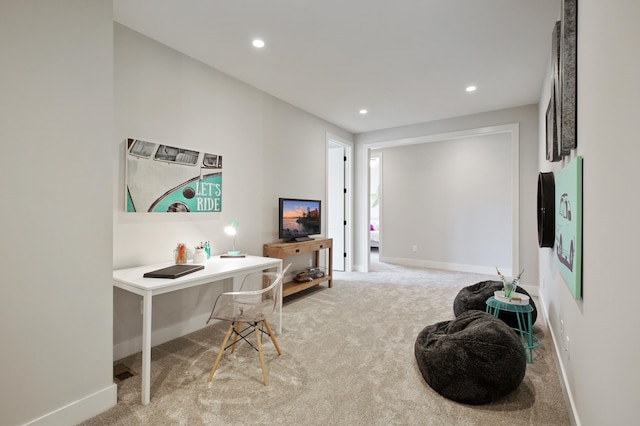 interior space featuring recessed lighting, carpet flooring, and baseboards