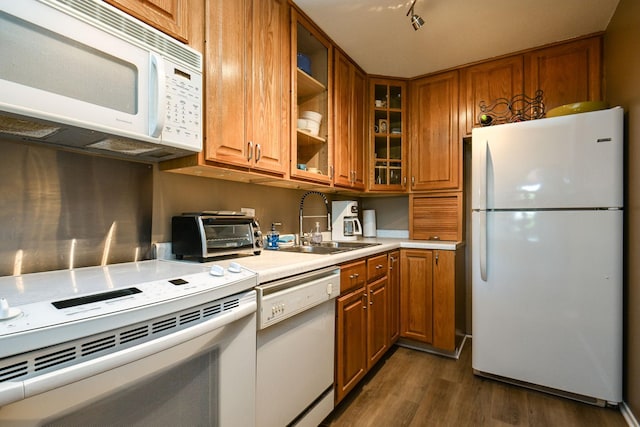 kitchen featuring light countertops, brown cabinetry, dark wood-type flooring, a sink, and white appliances