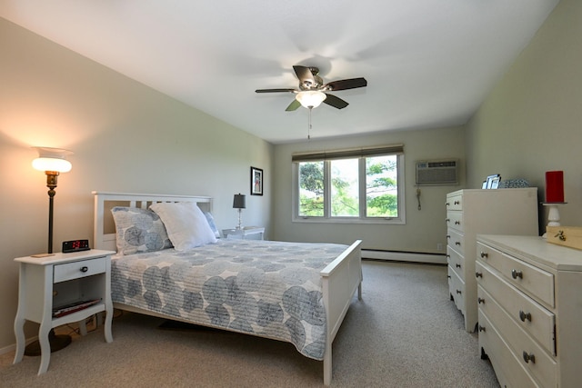 carpeted bedroom featuring a baseboard heating unit, an AC wall unit, and a ceiling fan