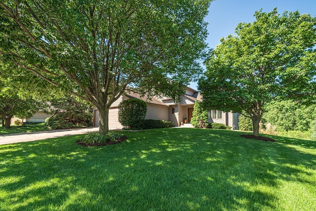 obstructed view of property featuring an attached garage, concrete driveway, and a front yard