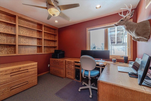 office area with carpet floors, recessed lighting, a ceiling fan, and baseboards