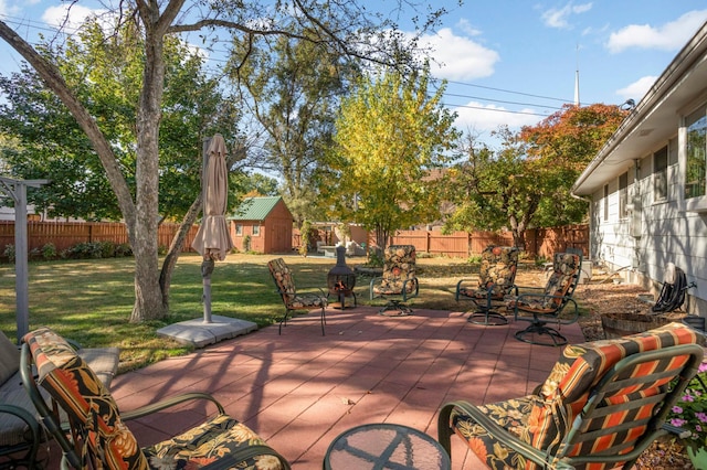 view of patio / terrace featuring a fenced backyard and an outdoor structure