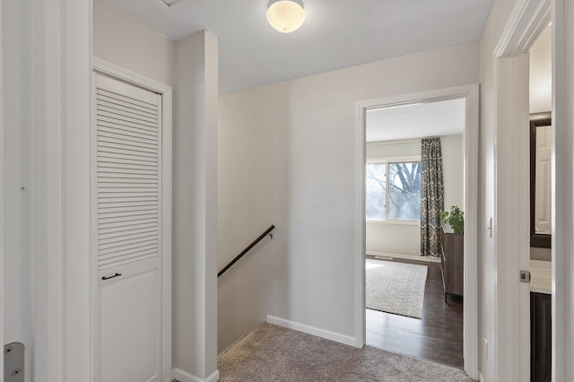 stairway with carpet flooring and baseboards