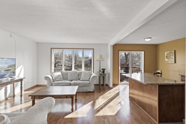 living room featuring a textured ceiling, baseboards, and wood finished floors