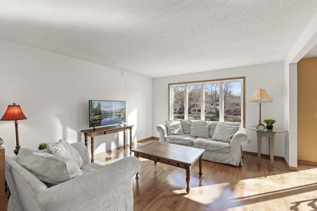 living room featuring a textured ceiling, baseboards, and wood finished floors