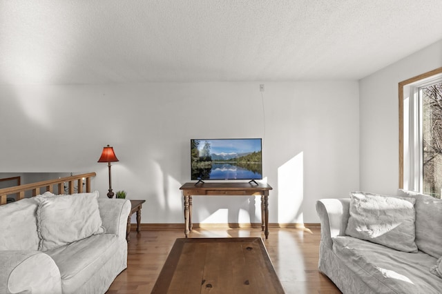 living area featuring a textured ceiling, baseboards, and wood finished floors