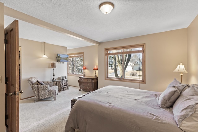 carpeted bedroom with a textured ceiling