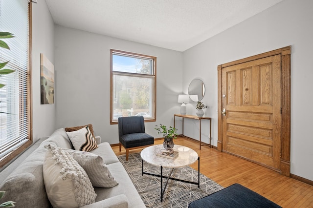 living area with light wood-style flooring, baseboards, and a textured ceiling