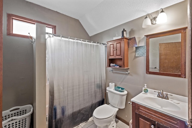 bathroom featuring lofted ceiling, toilet, shower / bath combo with shower curtain, a textured ceiling, and vanity