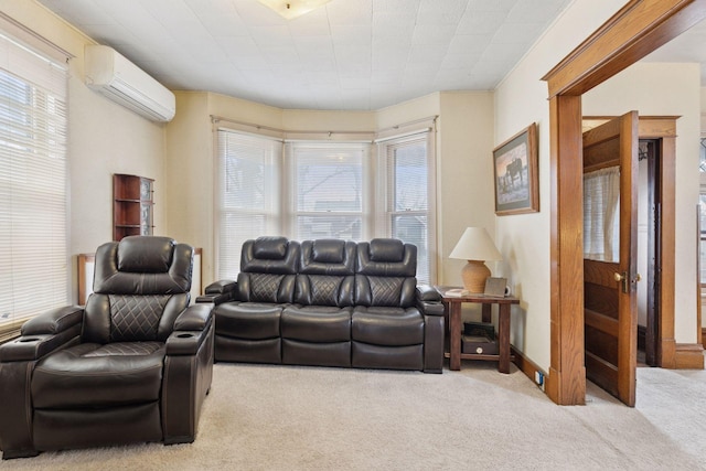 carpeted living area featuring baseboards and an AC wall unit