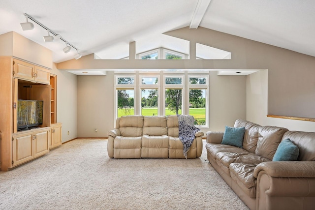 living room with light carpet, track lighting, baseboards, and vaulted ceiling with beams