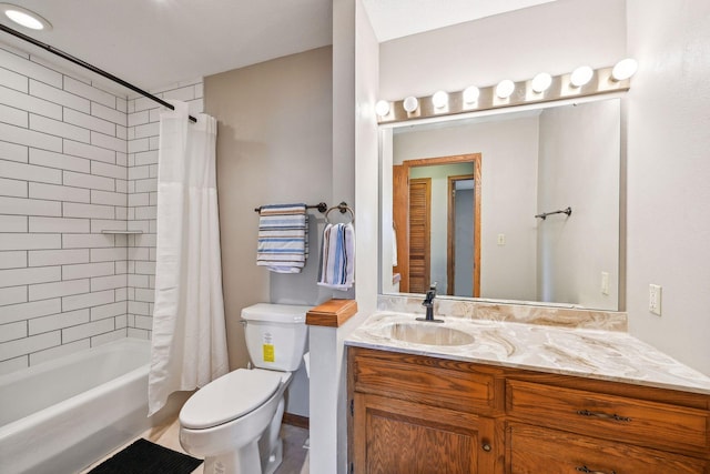 bathroom featuring shower / bath combination with curtain, vanity, and toilet