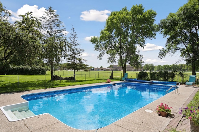 view of pool with a fenced in pool, a fenced backyard, and a lawn