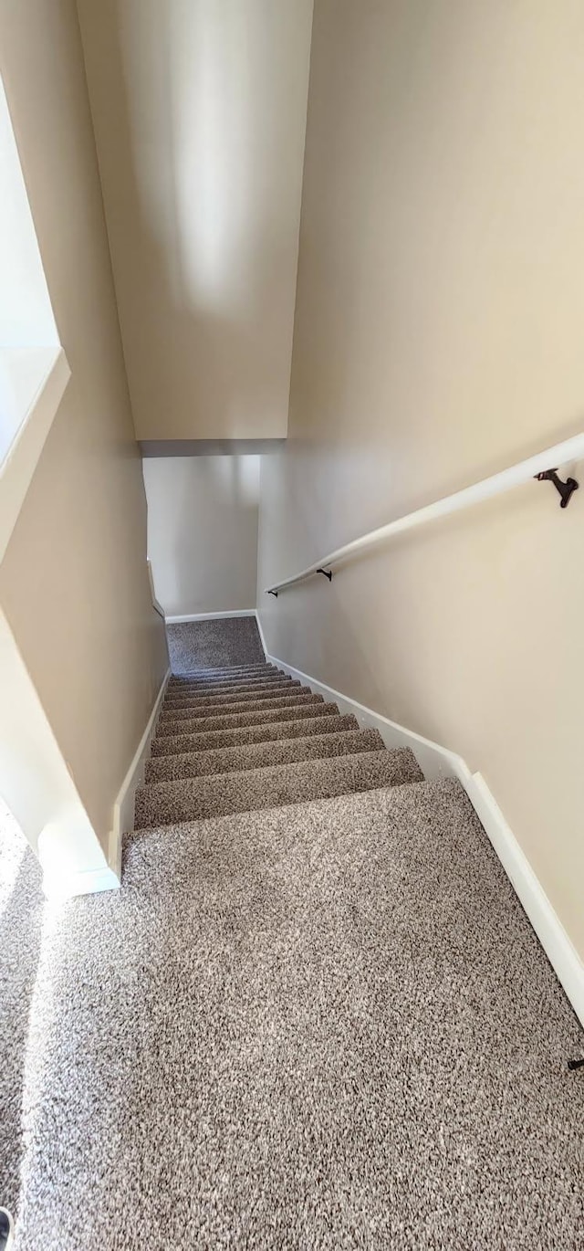 stairs featuring carpet flooring and baseboards