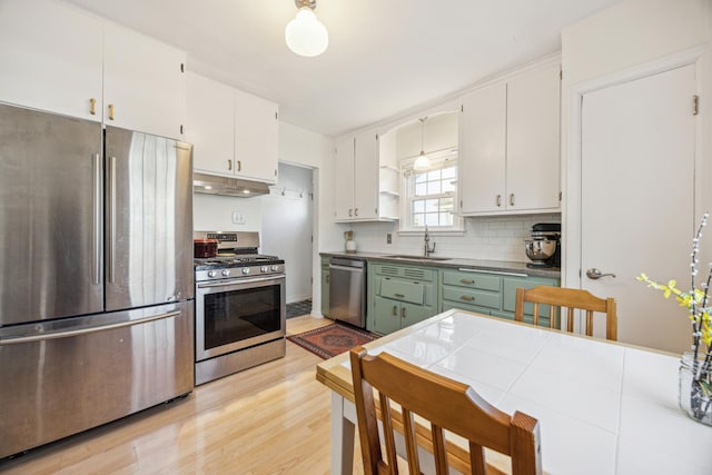 kitchen with under cabinet range hood, a sink, white cabinetry, light wood-style floors, and appliances with stainless steel finishes