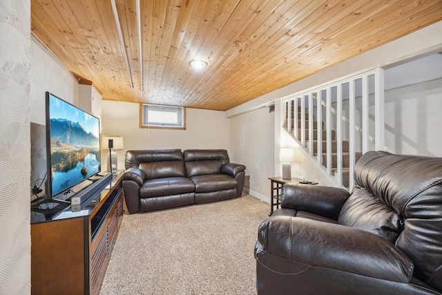 living room with stairway, carpet, and wood ceiling