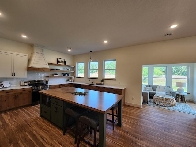 6624 Captains Cir NW, Sauk Rapids, MN 56379 - kitchen featuring stainless steel gas range, custom range hood, butcher block counters, open shelves, and dark wood-style floors