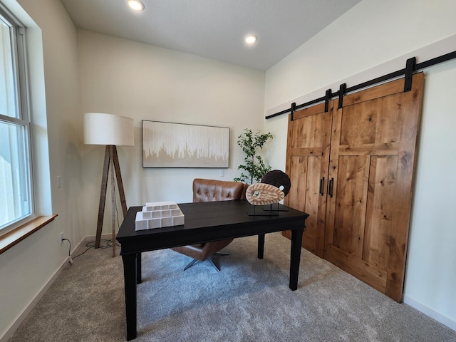 6624 Captains Cir NW, Sauk Rapids, MN 56379 - home office featuring carpet flooring, a barn door, baseboards, and recessed lighting