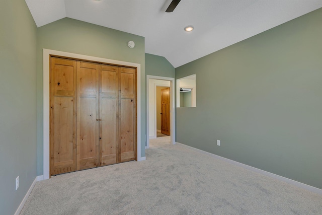 6624 Captains Cir NW, Sauk Rapids, MN 56379 - unfurnished bedroom featuring lofted ceiling, light carpet, baseboards, ceiling fan, and recessed lighting