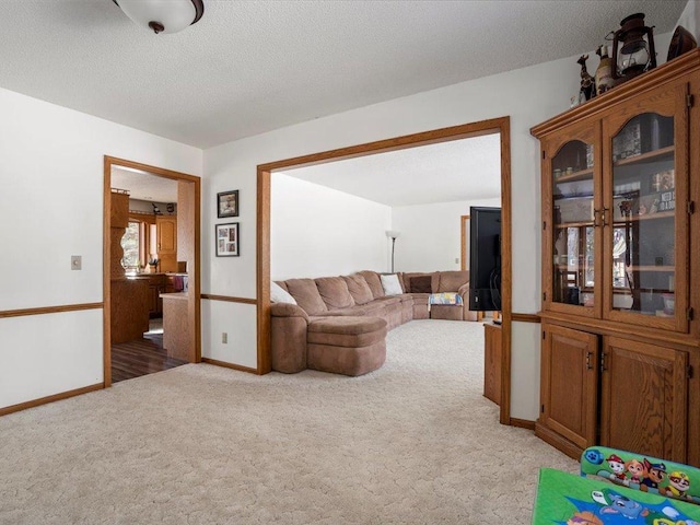 living room with baseboards, light carpet, and a textured ceiling