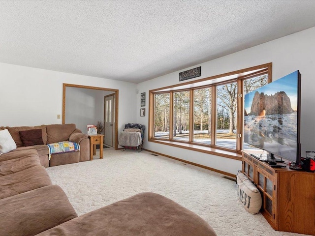carpeted living area featuring visible vents, baseboards, and a textured ceiling