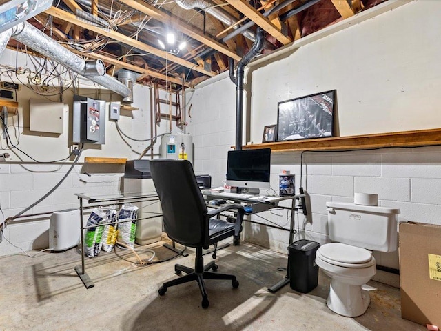 home office featuring unfinished concrete floors, electric panel, and water heater