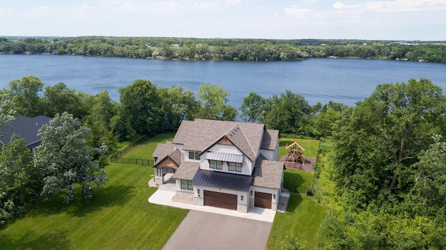 aerial view featuring a water view