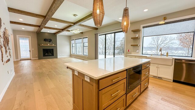 kitchen with light wood-style floors, a fireplace, appliances with stainless steel finishes, and a sink