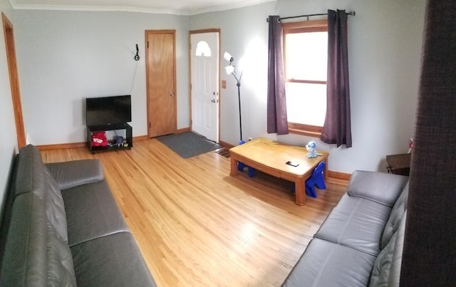 living room featuring light wood-type flooring, crown molding, and baseboards