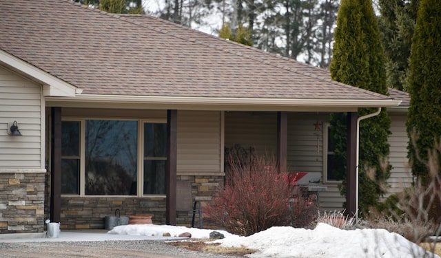 view of front of property with stone siding and a shingled roof