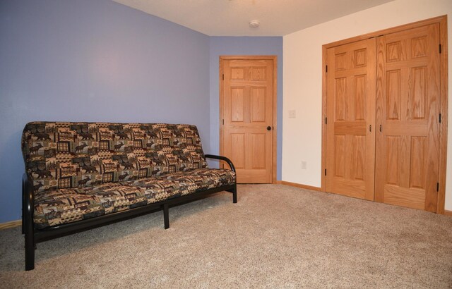 living area featuring carpet and baseboards