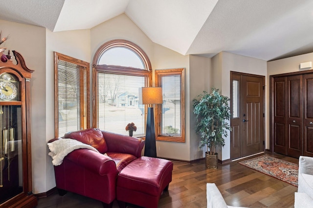 foyer entrance featuring vaulted ceiling, a textured ceiling, wood finished floors, and baseboards