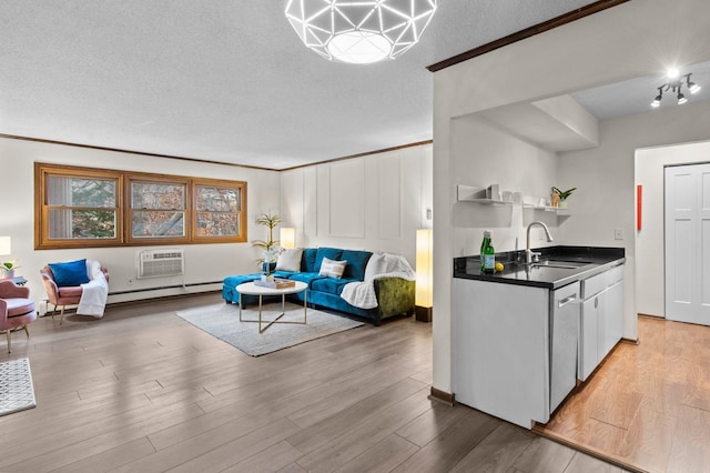 living area with light wood finished floors, a textured ceiling, a baseboard heating unit, ornamental molding, and a wall mounted air conditioner