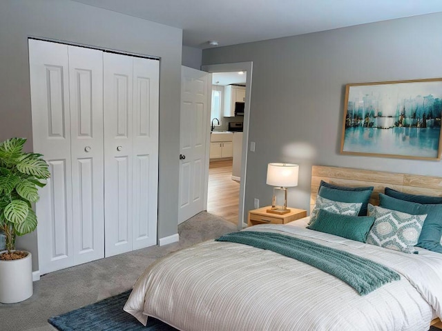 bedroom with a closet, a sink, and carpet floors