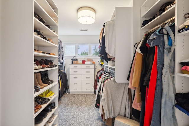 spacious closet with carpet flooring and visible vents